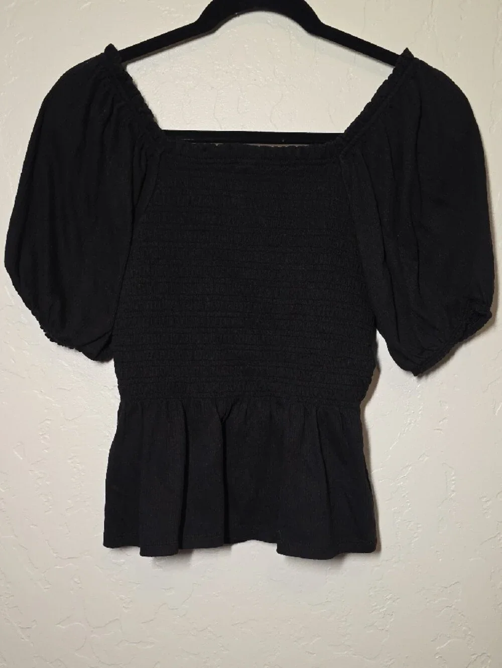 Women’s Black Boho Smocked Off-Shoulder Puff Sleeve Top